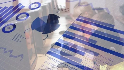 Students typing in lab causing animated charts, binary code expanding across Stock Footage 330540862
