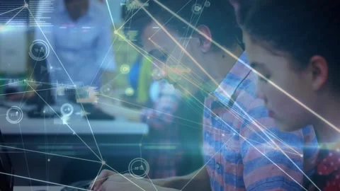 Students typing in lab, starting HUD moving on screens for class, boy glancing Stock Footage 330935508