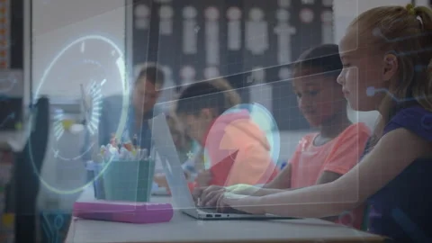 Students typing on laptops powering learning module with pulsing gauge pie-chart 库存影片 316185589