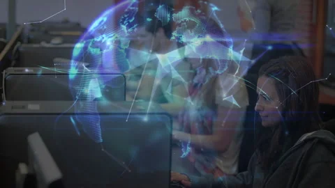Students typing in tech lab causing polygons converging into rotating 3D globe Stock Footage 316190894