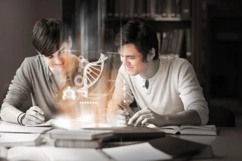 Students using futuristic interface to learn about science from digital tablet Stock Photos