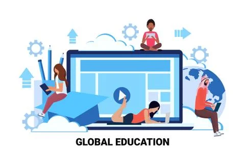 Students using gadgets online global education e-learning concept people 스톡 일러스트