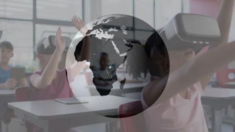 Students using headsets and tablet responding to VR-prompt in classroom, globe Stock Footage 328265550