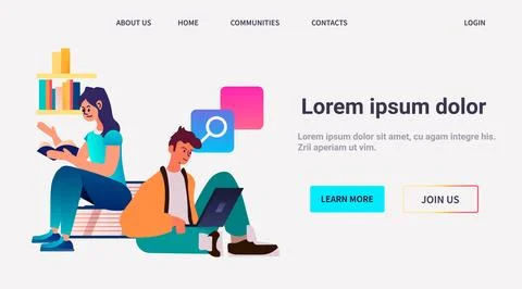 Students using laptop and reading book e-learning online education concept Illustrazione stock