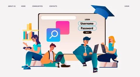 Students using laptop and reading book e-learning online education concept 스톡 일러스트