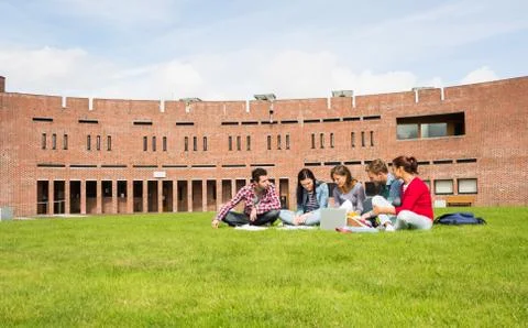 Students using laptop in lawn against college building Fotos de archivo