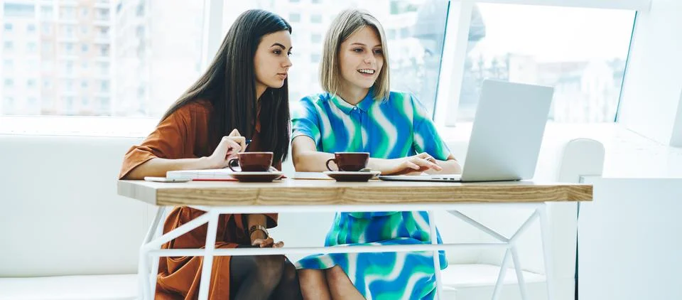 Students using laptop while preparing to exam in cafe Stock Photos
