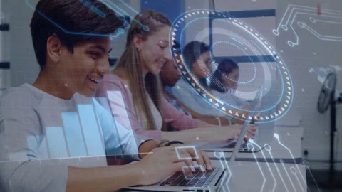 Students using laptops with digital interface and data processing animation Stock Footage 305459555