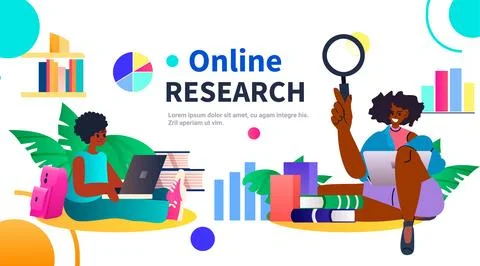 Students using laptops online research e-learning distance education concept Illustrazione stock