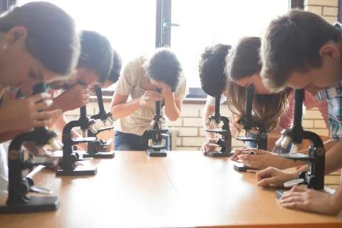 Students using microscopes in science class 스톡 사진
