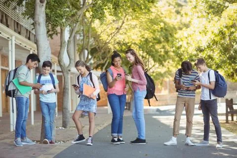 Students using mobile phone on road in campus Stock Photos