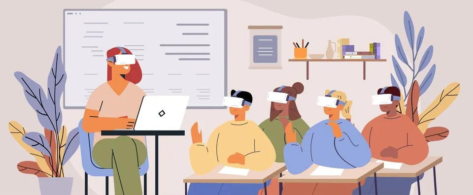 Students using virtual reality headsets classroom technology teacher laptop Stock Illustration