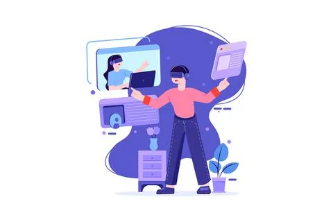 Students Using Virtual Reality Tools For The Study Stock Illustration