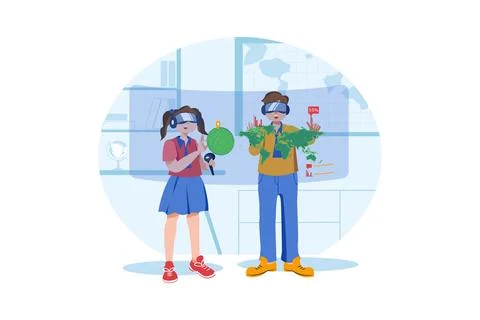 Students Using VR Tools For The Study Stock Illustration