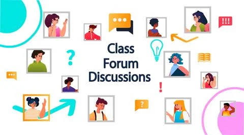 Students in virtual classroom on class forum discussions e-learning online Stock Illustration