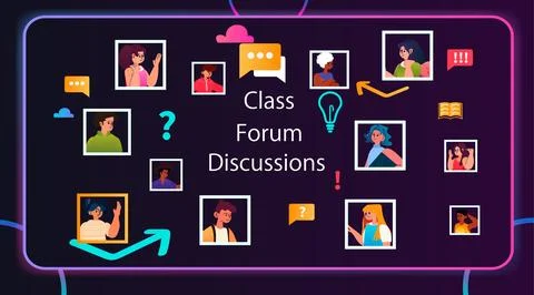 Students in virtual classroom on class forum discussions e-learning online Illustrazione stock