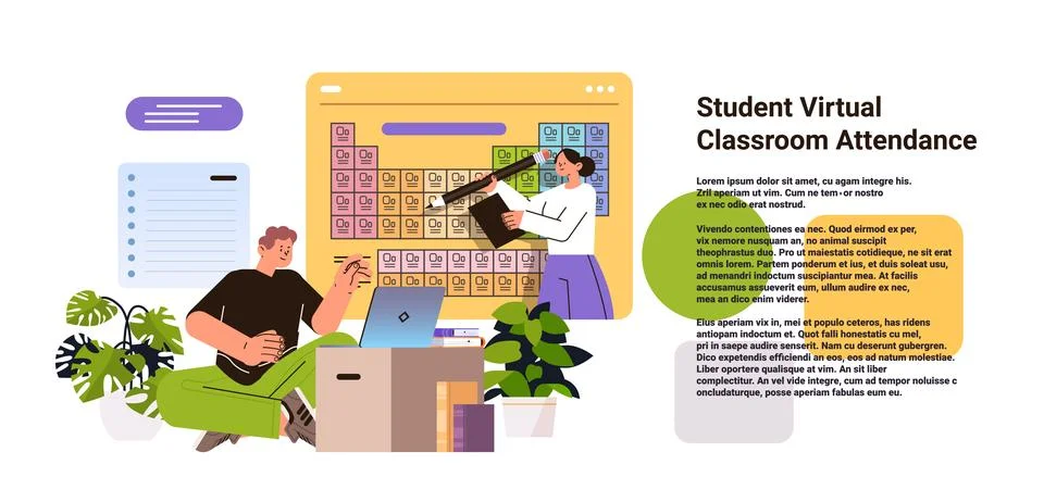 Students in virtual classroom using smart interactive board virtual attendance e 스톡 일러스트
