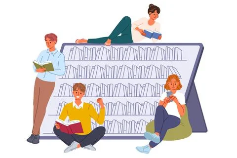 Students visiting electronic library read books using gadgets and apps with Stock Illustration
