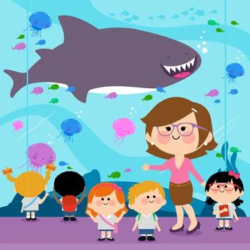 Students visiting the oceanarium. Vector Illustration Stock Illustration