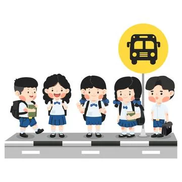 Students Waiting at the School Bus Stop Stock Illustration