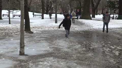 Students walk to campus in snow slush and deep water puddles Stock Footage 58537390