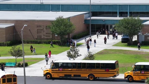 Students walk from PHS entrance toward Hillsborough District Schools buses Stock Footage 340298637