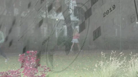 Students walking and pausing in campus courtyard, timeline overlay sweeping Video stock 333790306