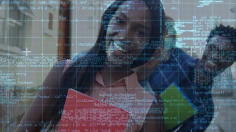 Students walking down academic corridor causing grid and code overlay Stock Footage 313294449