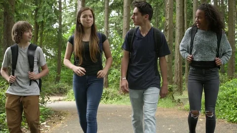 Students walking in a forest together 動画素材 83399154