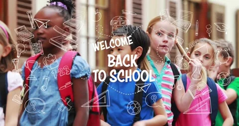 Students walking school steps, doodles joining into WELCOME BACK TO SCHOOL Stock Footage 329785477