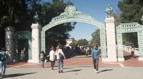 Students Walking Through UC Berkeley's historic Sather Gate on a Sunny Day Stock Footage