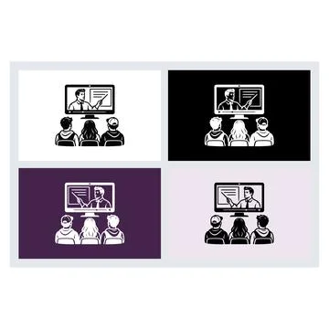 Students watching an online lecture on a computer monitor in a classroom se.. Ilustración de archivo