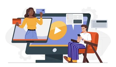 Students watching online lecture. Man looking at woman on screen. Remote Stock Illustration