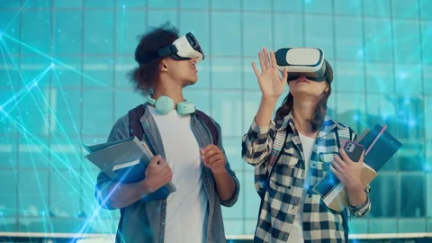 Students Wearing VR Headsets on Background of University. Stock Footage 241188741