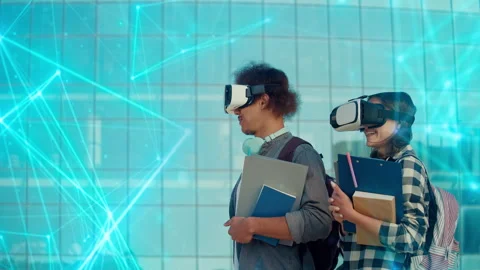 Students Wearing VR Headsets on Background of University. Stock Footage 241225230