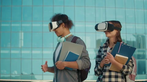 Students Wearing VR Headsets on Background of University. Stock Footage 241227795