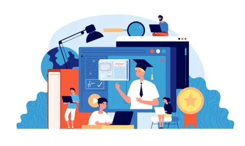 Students webinar. Computer school, digital seminar. People group online Stock Illustration