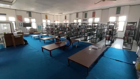 Students work on assignments in the campus library Vidéo 294678475