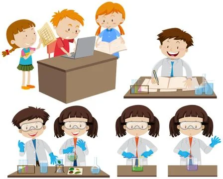 Students working in lab and on computer Stock Illustration