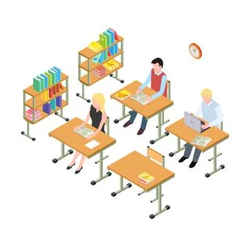 Students working in the library isometric vector concept Illustrazione stock