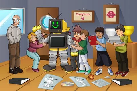 Students Working on Robot Experiment Stock Illustration