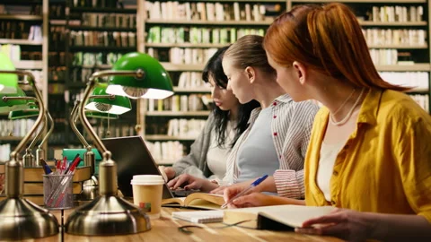 Students working side by side at library table using laptop and open books Stock Footage 336358220