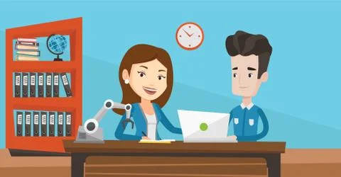 Students working on their project of robot. Stock Illustration