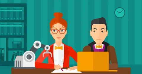 Students working on their project of robot. Stock Illustration