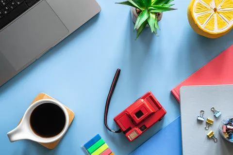 Student's workplace, creative composition with stationery items. Stock-Fotos