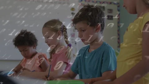 Students writing, boy in blue pausing, smiling for camera while binary digits Stock Footage 333414323