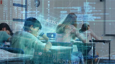 Students writing in class seeing holographic swirl appearing and forming code Stock Footage 312466883
