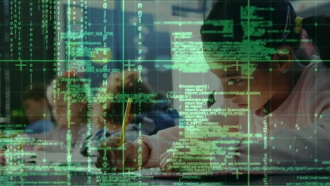 Students writing in class while green code overlay scrolling, grid forming Stock Footage 312347248