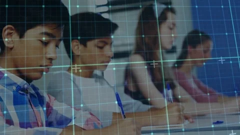 Students writing in classroom, camera shifting left, zooming, blue grid tracking Video stock 332289999