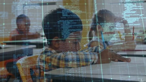 Students writing at classroom desks, showcasing education technology with grid Stock Footage 330114647